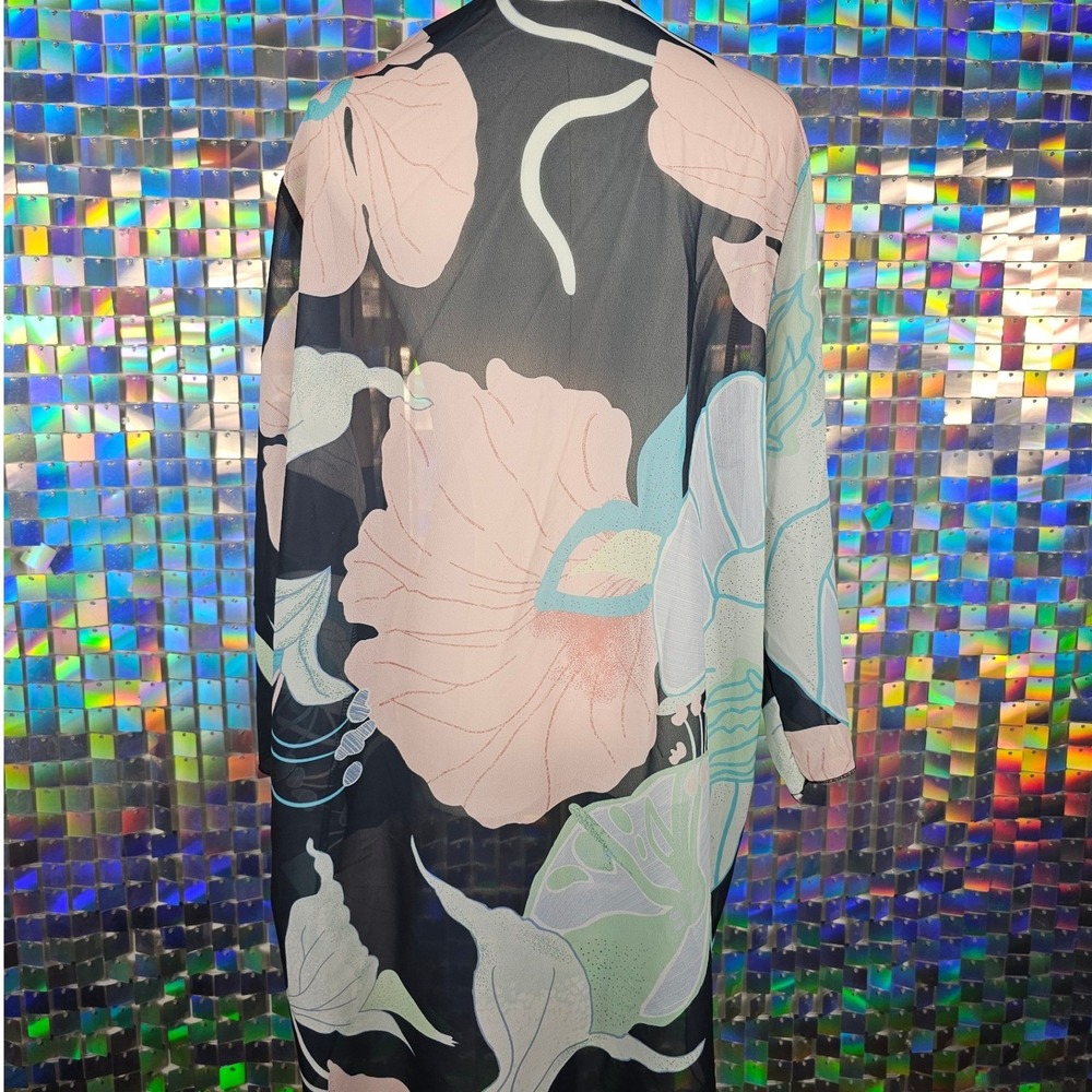 Floral Chiffon Kimono Womens OS‎ Pink Navy Good Sheer Open Front Boho - Picture 5 of 7